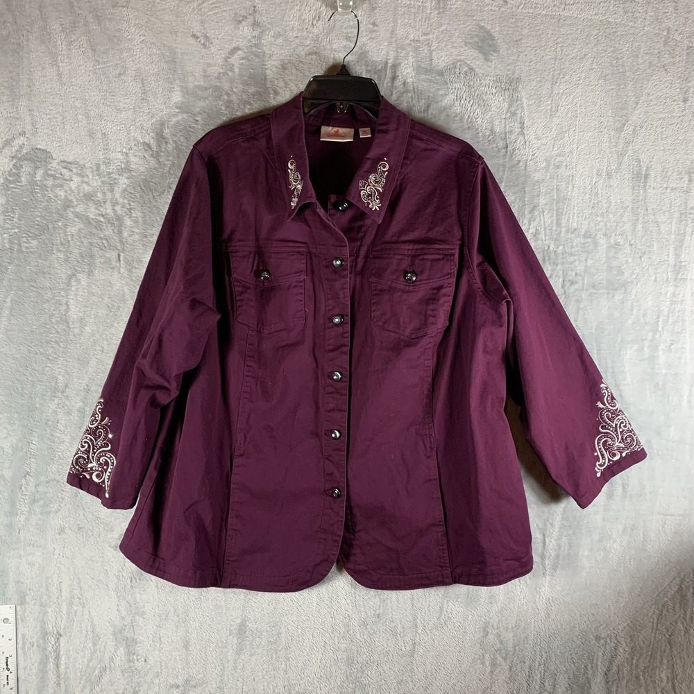 Quacker Factory Women's 2X Button‎ Up Shirt Jacket Shacket Burgundy Rhinestones